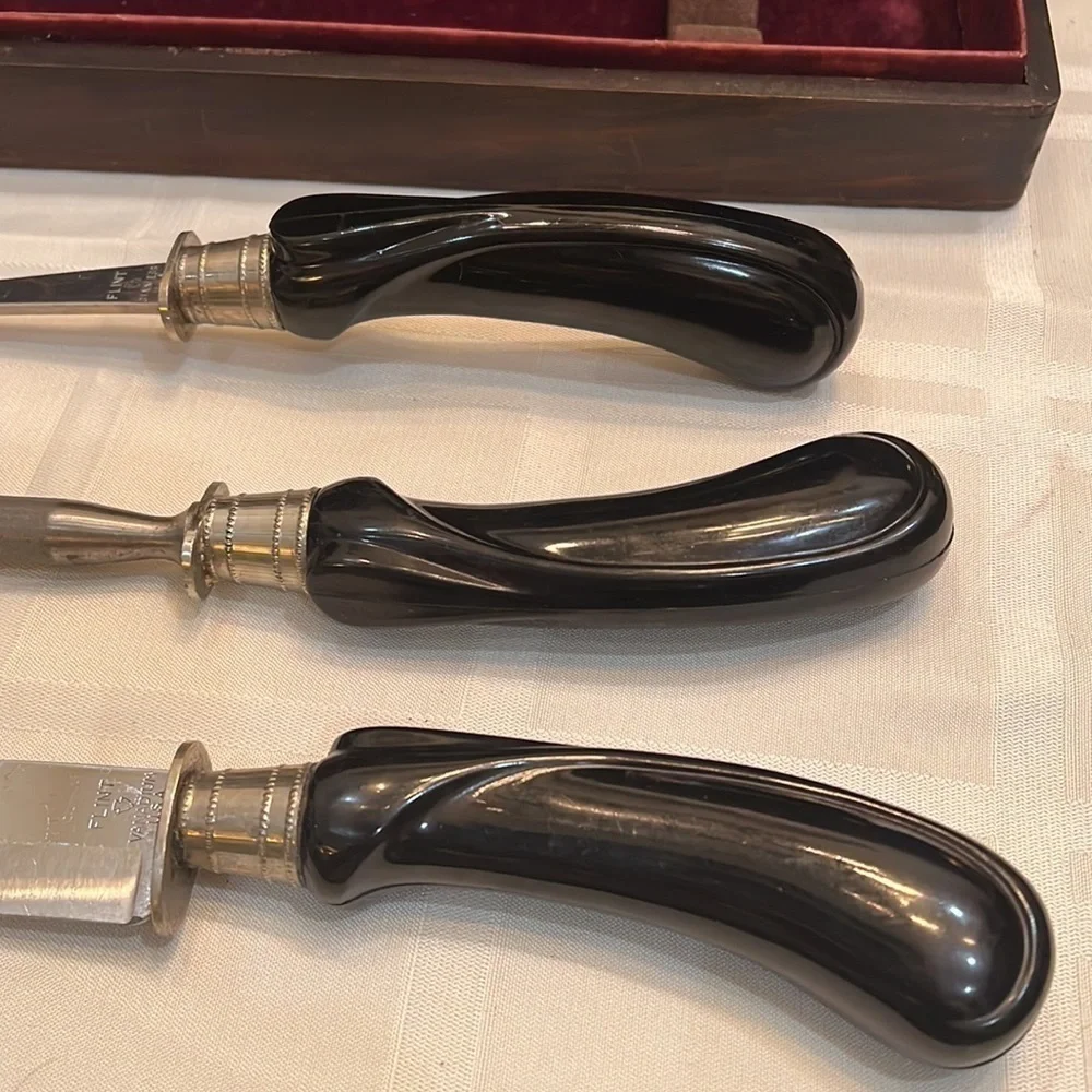 Vintage Flint Bakelite 3 Piece Carving Set in Original Wood Box